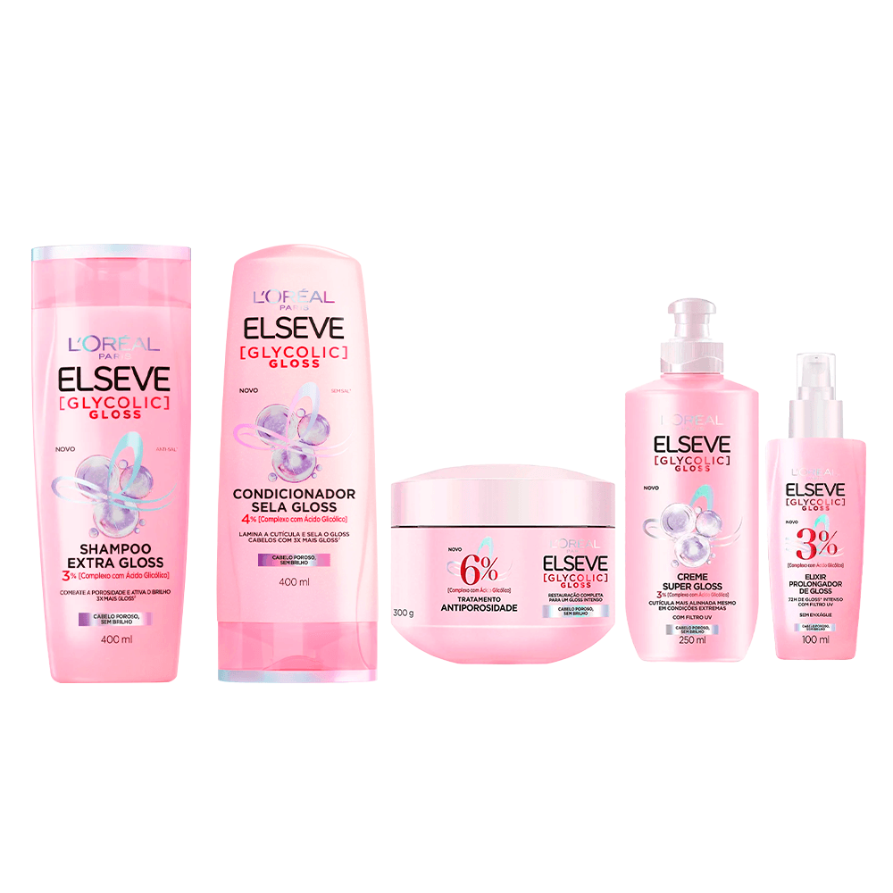 Elseve Glycolic Gloss Kit - Shampoo + Condicionador + Creme Super Gloss + Creme de Tratamento + Sérum